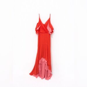BCBGMaxAzria Coral-Red Maxi Dress with Pink Ruffle Hem